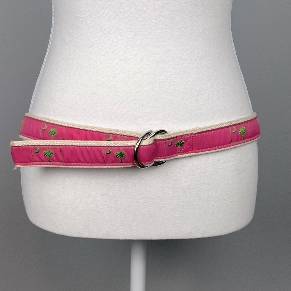 Moon Shine pink & green canvas backed palmetto moon palm belt, large.